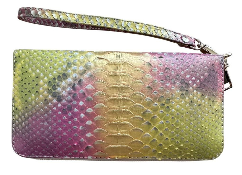 Гаманець портмоне із знімною ручкою Ekzotic leather із натуральної шкіри пітона Рожево- жовтий (snw35)