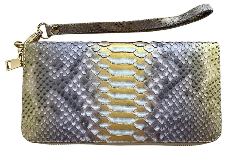 Гаманець портмоне із знімною ручкою Ekzotic leather із натуральної шкіри пітона Сіро- жовтий (snw35_1)