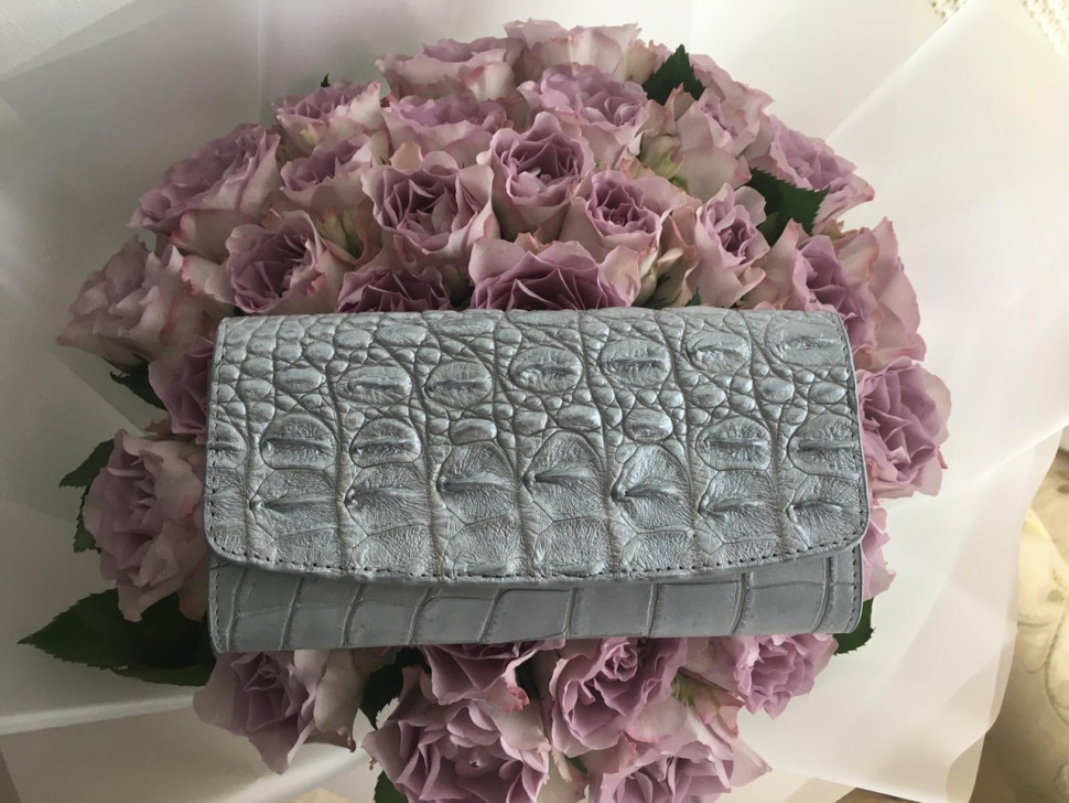 Гаманець портмоне жіночий із натуральної шкіри крокодила  Ekzotic Leather сріблястий (cw25_6)