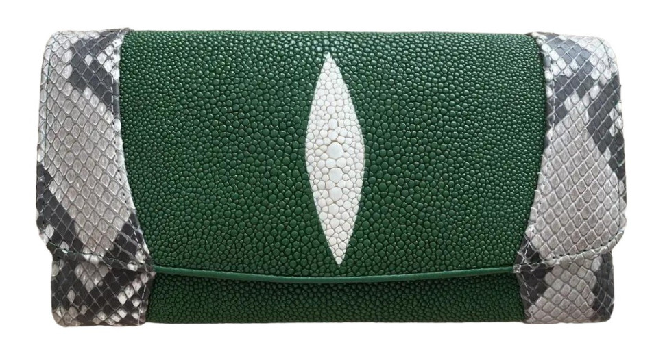 Гаманець із натуральної шкіри ската з пітоном  Ekzotic Leather зелений (stw 114_1)