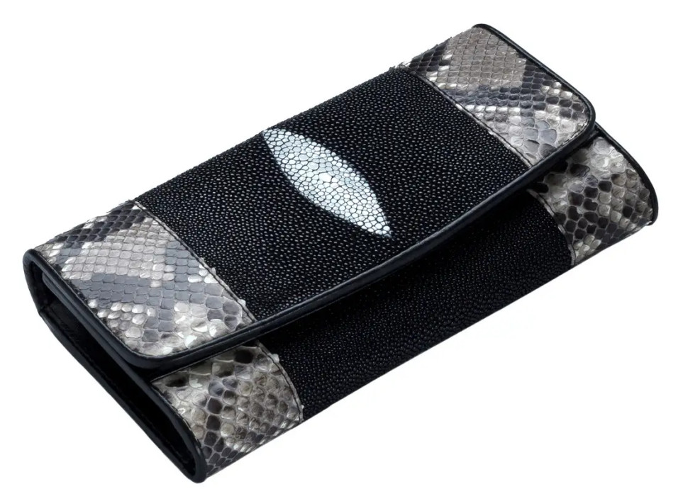 Кошелек Черный  Ekzotic Leather из кожи ската с питоном (stw 12)