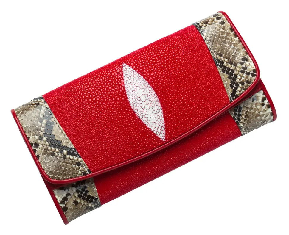 Кошелек красный из кожи ската с питоном  Ekzotic Leather (stw011)