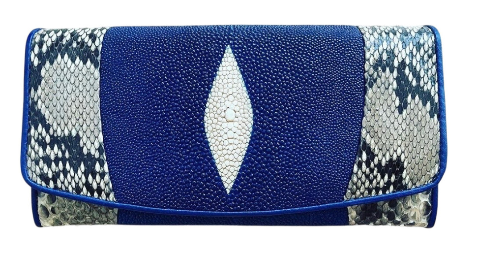 Кошелек синий Ekzotic Leather из кожи ската с питоном Синий