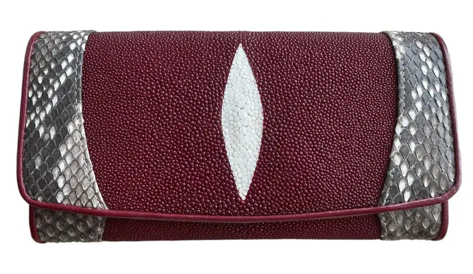Кошелек из кожи ската с питоном  Ekzotic Leather Бордовый ( stw 114)