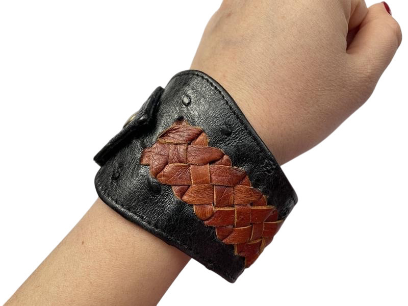 Браслет із натуральної шкіри страуса Ekzotic Leather чорний з коричневим плетінням (ob 05)